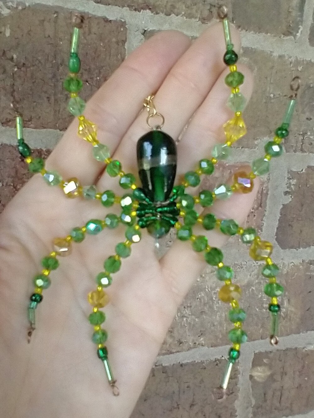 Hand Crafted • Green & Yellow Beaded Spider Pendant Necklace